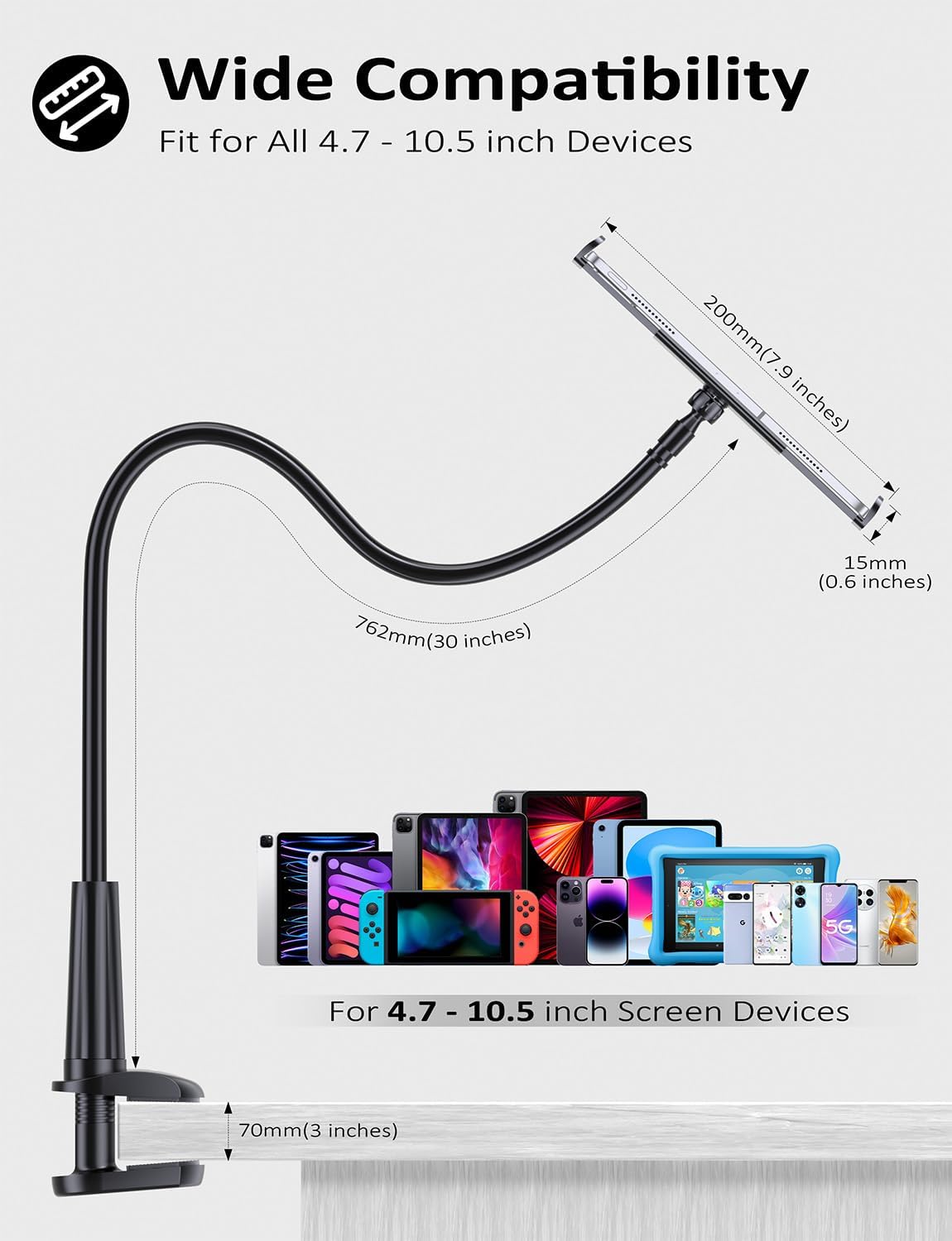 Tryone Gooseneck Kindle&Tablet Holder for Bed Hands-Free Reading on Bed Headboard for iPad, Kindle, and Switch, Flexible 30in Al-Mg Alloy Clamp Arm Stand for Tablets 4.7-10.5 in, Phone - Black - 30in DD1210