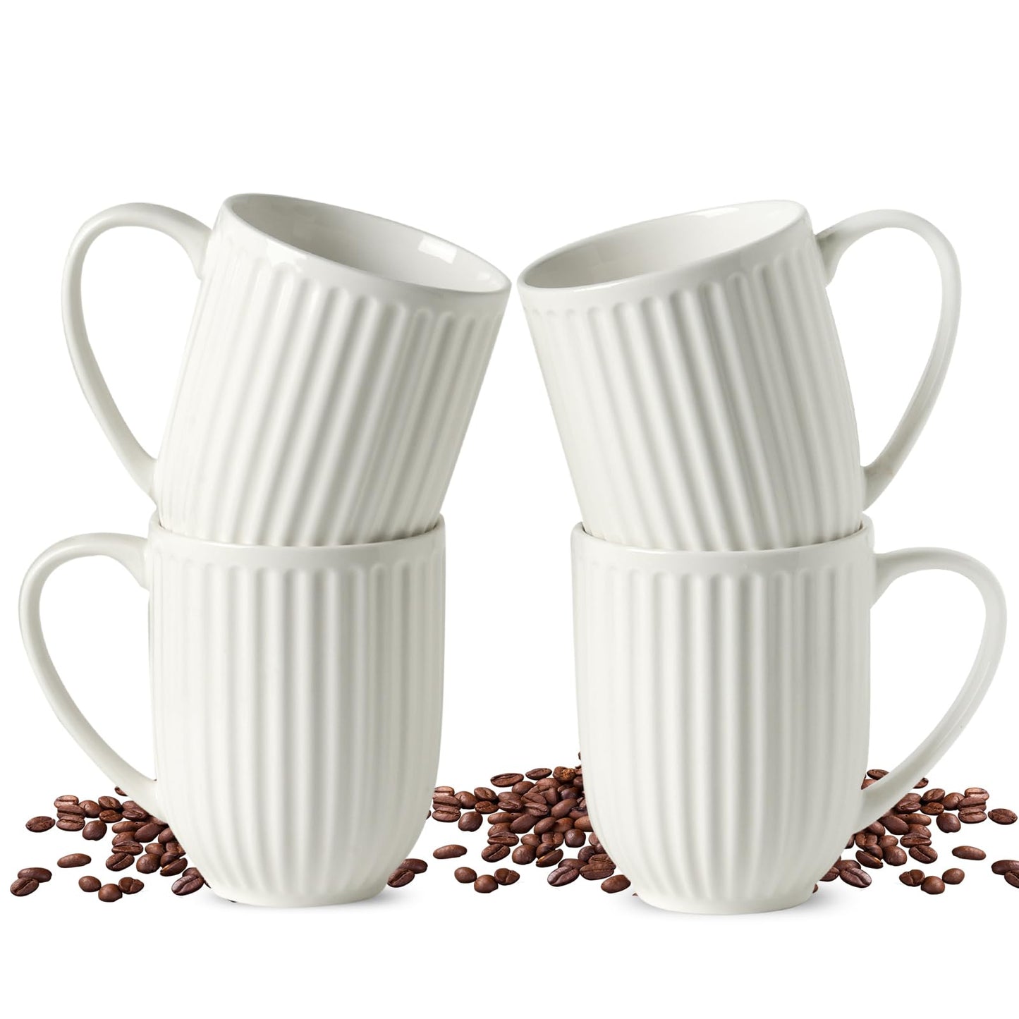 HASENSE Textured Large Coffee Mugs Set of 4, 16 Oz Ribbed Ceramic Cups with Large Handle for Latte Tea Cappuccino, Stackable Embossed Mug Set for Mom Dad, Microwave Dishwasher Safe, Creamy White BST220
