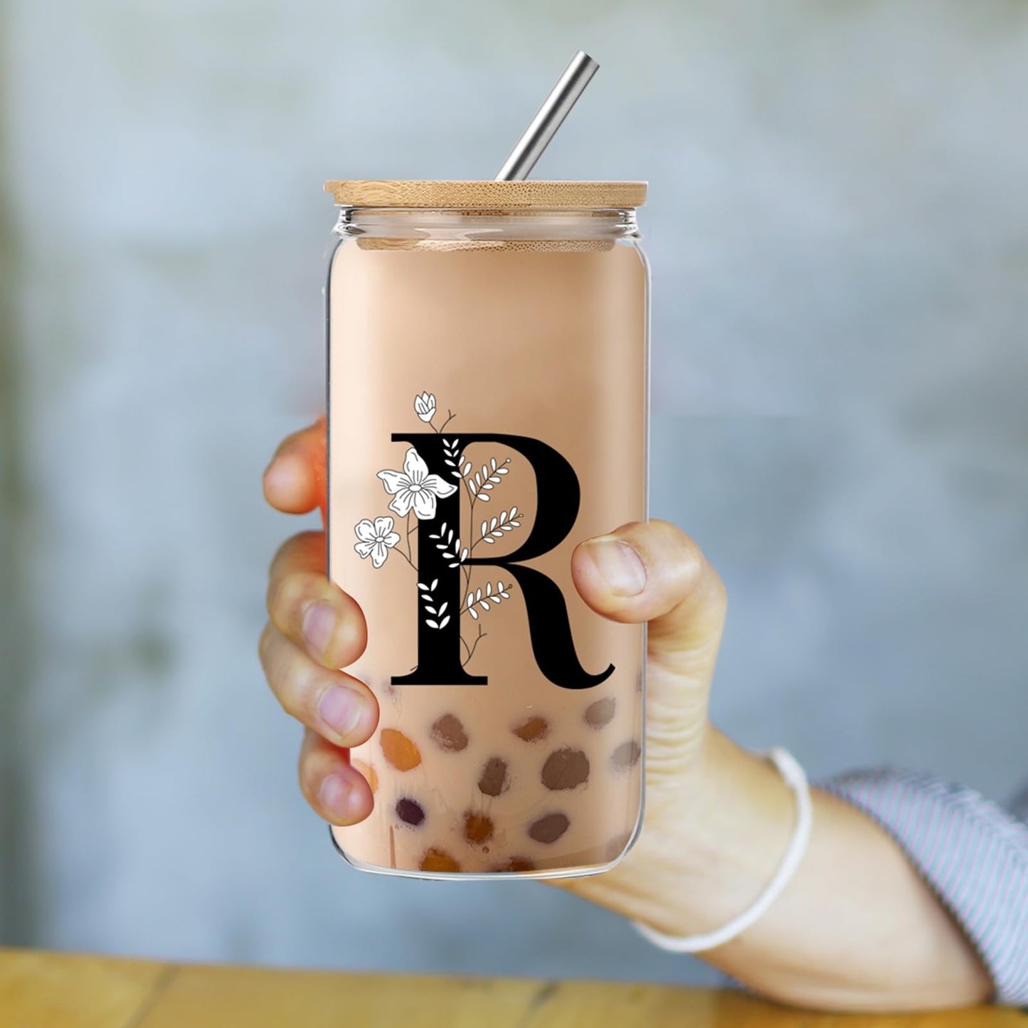 Monogrammed Initial Glass Cup with Lids and Straws gift for Women | Personalized Gift Set with Doll, 16 Oz Ice Coffee Cup ,reusable glass tumbler,Birthday Christmas Gift for Her,U WN420