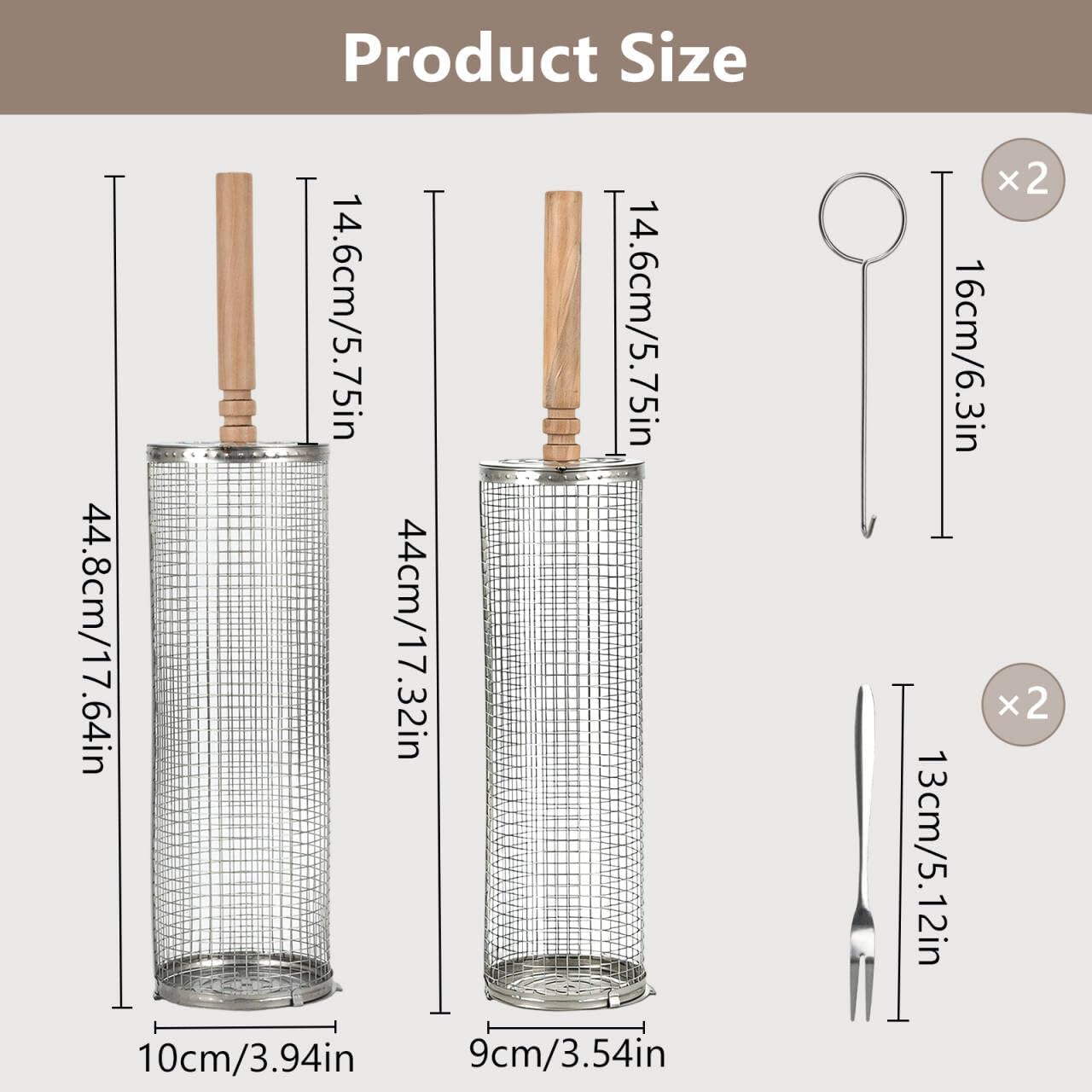 2Pcs Rolling Grill Baskets, 304 Stainless Steel Grill Baskets with Removable Wooden Handle Vegetable Grilling Basket for Outdoor Cooking, BBQ, Camping BBQ Grill Accessories Cooking Gift for Men BST202