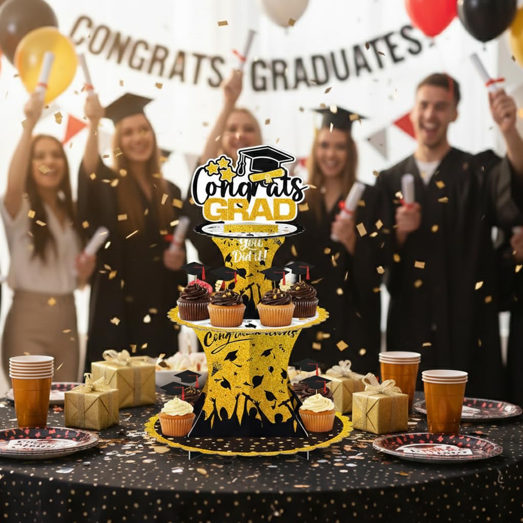 Graduation Cupcake Stand Decoration, 3 Tier Congrats Grad Party Cupcake Holder Tower, Cardboard Grad Theme Dessert Cookies Stand for Graduation Party Supplies Favors (Black & Gold) BST220