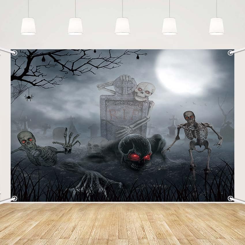 MEHOFOND Halloween Cemetery Photography Backdrop - Full Moon Scary Night Background - Skull Ghost Skeletons Cemetery Party Decorations - 7x5ft WN420