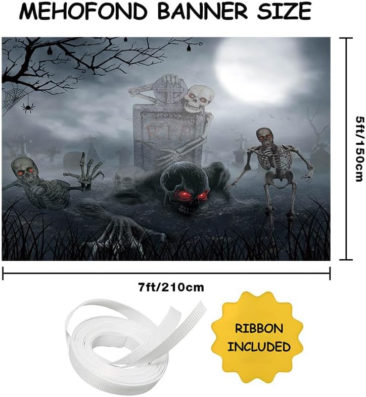 MEHOFOND Halloween Cemetery Photography Backdrop - Full Moon Scary Night Background - Skull Ghost Skeletons Cemetery Party Decorations - 7x5ft WN420