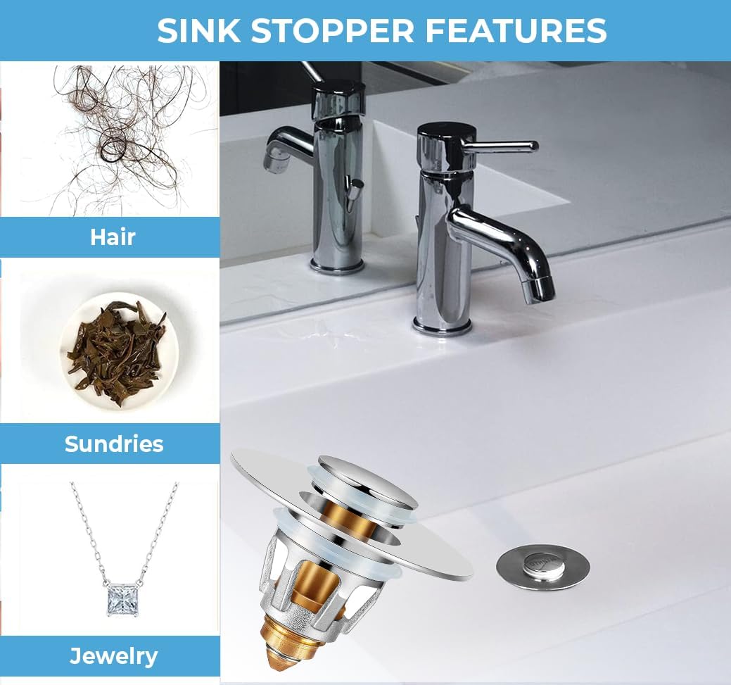 Universal Bathroom Sink Stopper | Pop Up Bathroom Sink Drain Strainer Plug for 1.06"-1.96" Basin Drain Holes | Rust-Proof Stainless Steel Sink Drain Stopper WN420