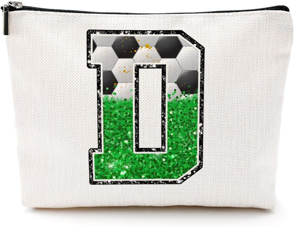 Soccer Gifts Initial Makeup Bag Soccer Girl Gifts Cosmetic Bag Letter D | Monogrammed Zipper Pouch Soccer Accessories for Girls Women Player Coaches Friend Graduation Birthday Gifts BST202