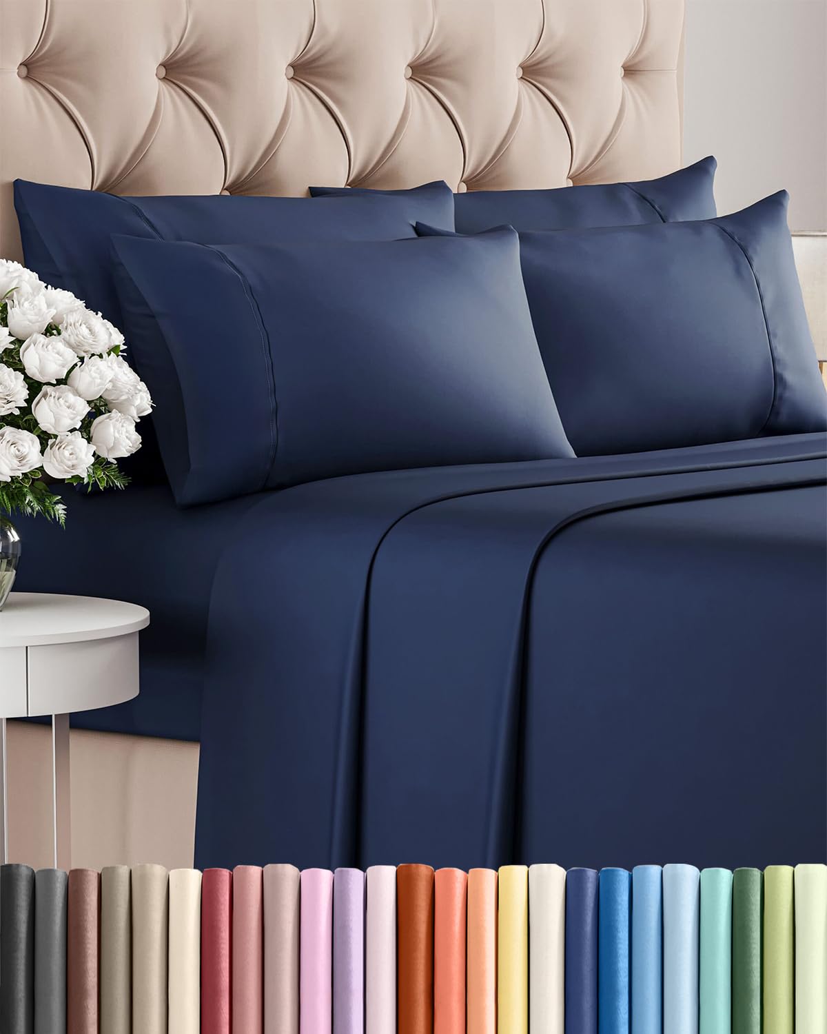 Split King 7 Piece Sheet Set - Comfy Breathable & Cooling - Soft Hotel Luxury Bedding Set with 8-16 Inch Deep Pockets - 1 Flat & 2 Fitted Sheet & 4 Pillowcases - Wrinkle Free & Easy Care - Steel Blue DD1210