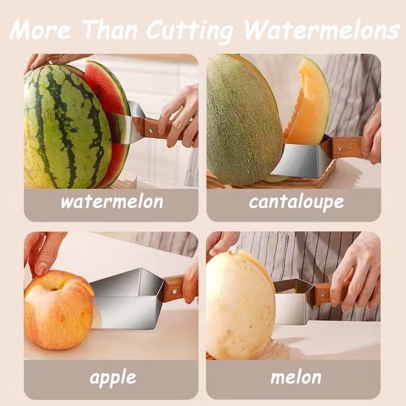 2pcs Stainless Steel Watermelon Cutter, Triangle Fruit Slicer with Wooden Handle, Melon Divider Tool for Watermelon, Cantaloupe and Honeydew, Kitchen Gadget for Picnic and BBQ BST326H