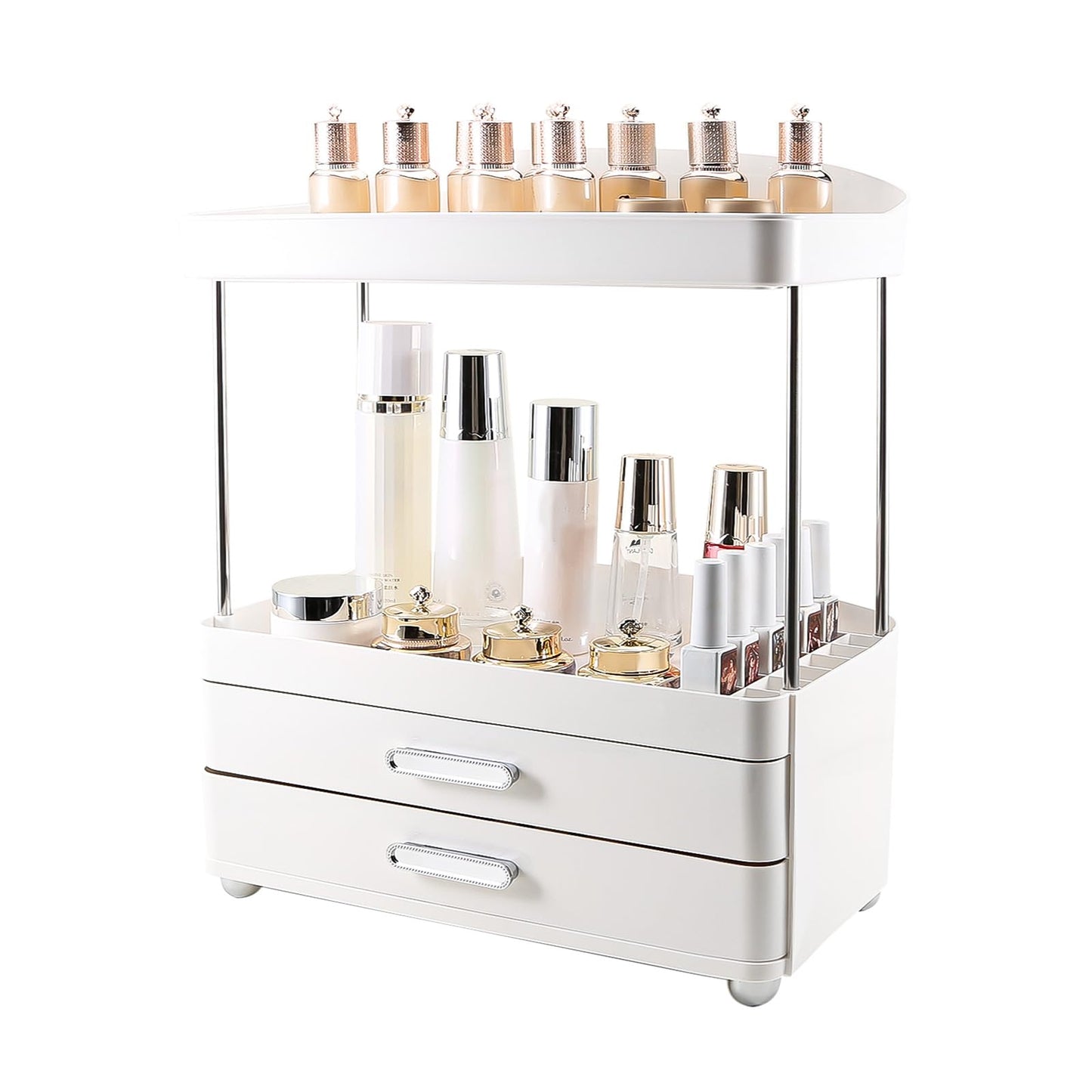 DASITON 4 Tiers Makeup Organizer, 2 Drawers Large Cosmetic Organizers for Vanity Bathroom Countertop, Bathroom Organizers and Storage for Skincare, Cosmetic, Perfume, Dresser Organizer (Cream+Clear) BST220