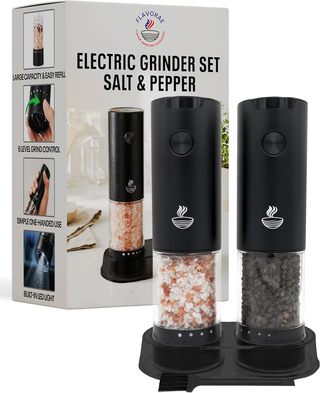 Electric Salt and Pepper Grinder Set - Black 2 Pack Battery Operated Mills with 95ml Large Capacity, Adjustable Coarseness, Built-in LED Light, Automatic Salt & Pepper Shakers for Kitchen BST220