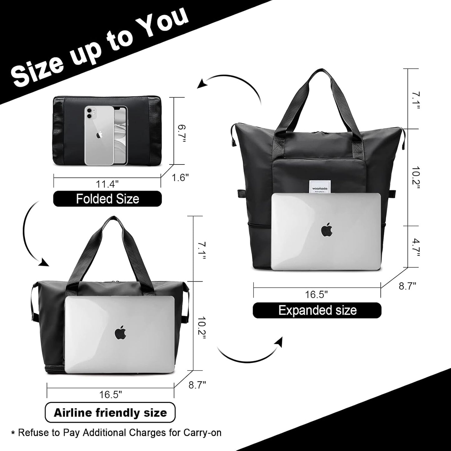 WOOMADA Foldable Travel Duffel, Weekender & Carry-On Bag with Expandable Space BST326H
