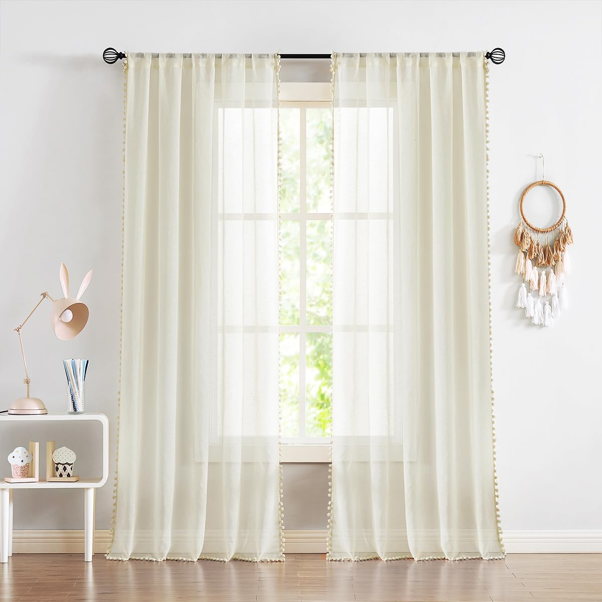 Treatmentex Pom-Pom Grey Sheer Curtains for Bedroom 63" Window Drapes Rod Pocket Textured Sheer Curtain for Kids Room 52" w 2 Panels BST202