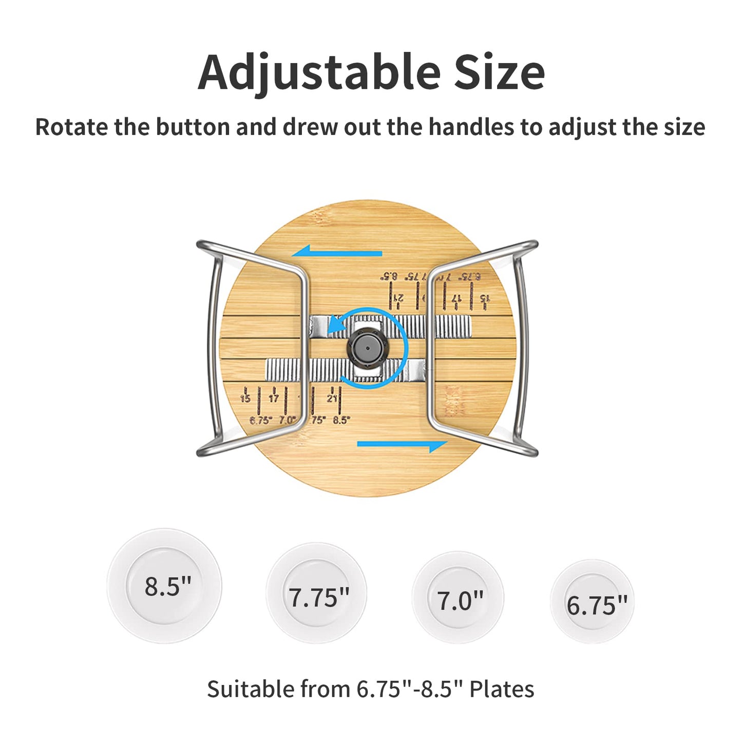 Plate Organizer for Kitchen Counter Bamboo Dish Racks for Cabinet Plate Holder for Kitchen Drawer Storage 2 Pack Adjustable for 6.75" to 8.5" Stainless Steel 304 Portable Handle BST220