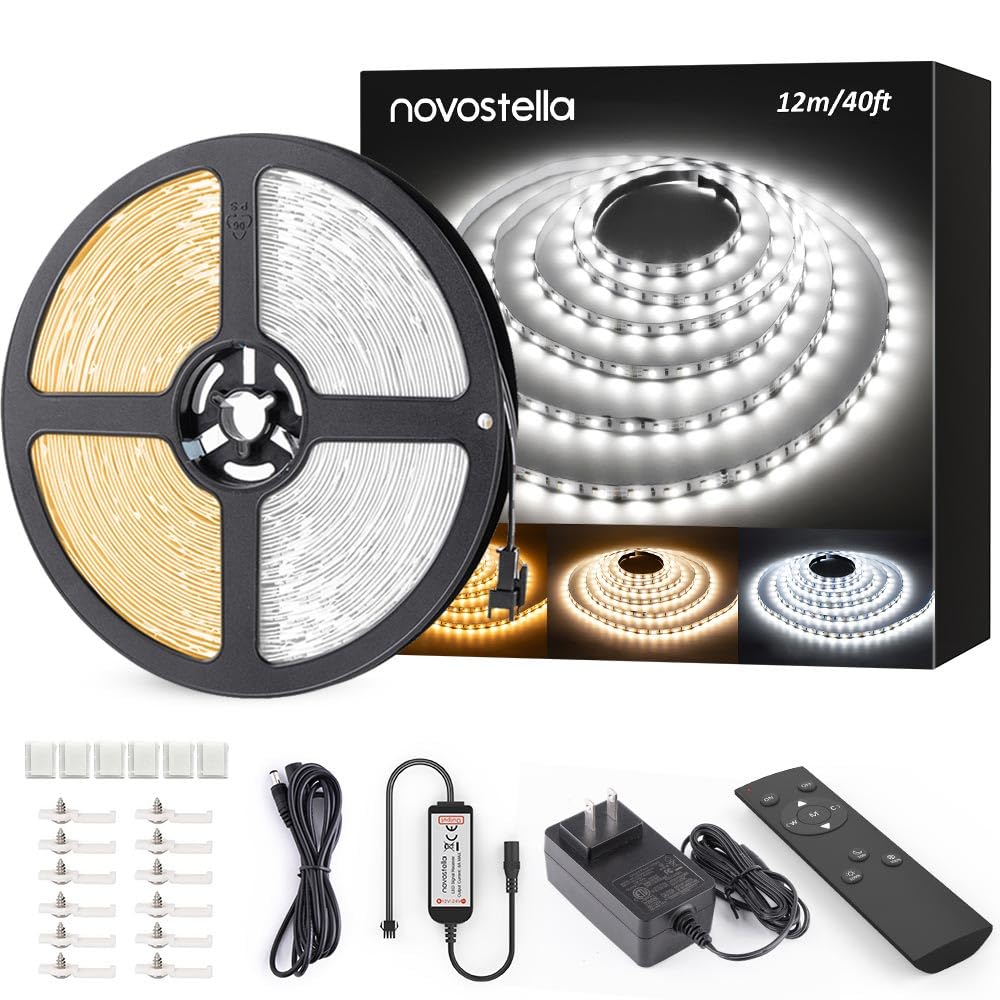 NOVOSTELLA 20ft Tunable White LED Strip Light kit Dimmable 3000K-6500K 24V LED Tape Light with Remote Flexible Rope LED Ribbon for Bedroom Home Lighting Mirror Kitchen Bar Cabinet Daylight Warm White