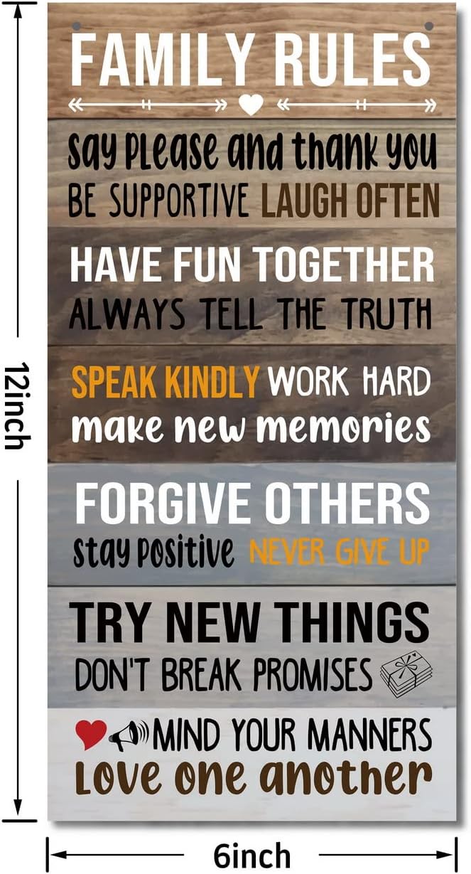 Warm Family Rules Home Sign, Inspirational Family Saying Wood Sign, Rustic Hanging Plaque Art Decor, Home Sign decoration, Farmhouse Wall Decor, Housewarming Gift BST202
