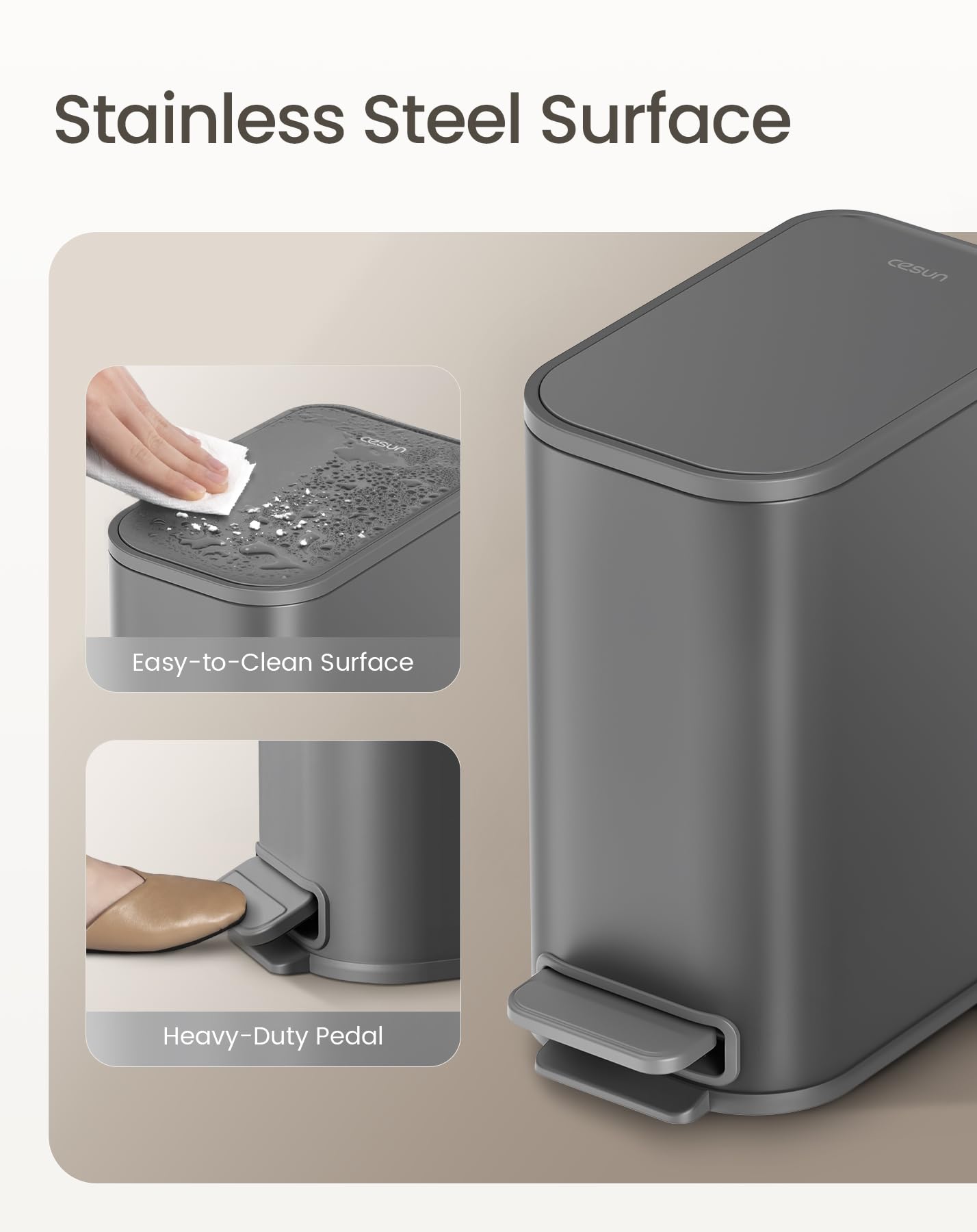 Cesun Small Bathroom Trash Can with Lid Soft Close, Step Pedal, 5 Liter / 1.3 Gallon Stainless Steel Garbage Can with Removable Inner Bucket, Waste Basket for Bathroom, Bedroom (White) DD1210