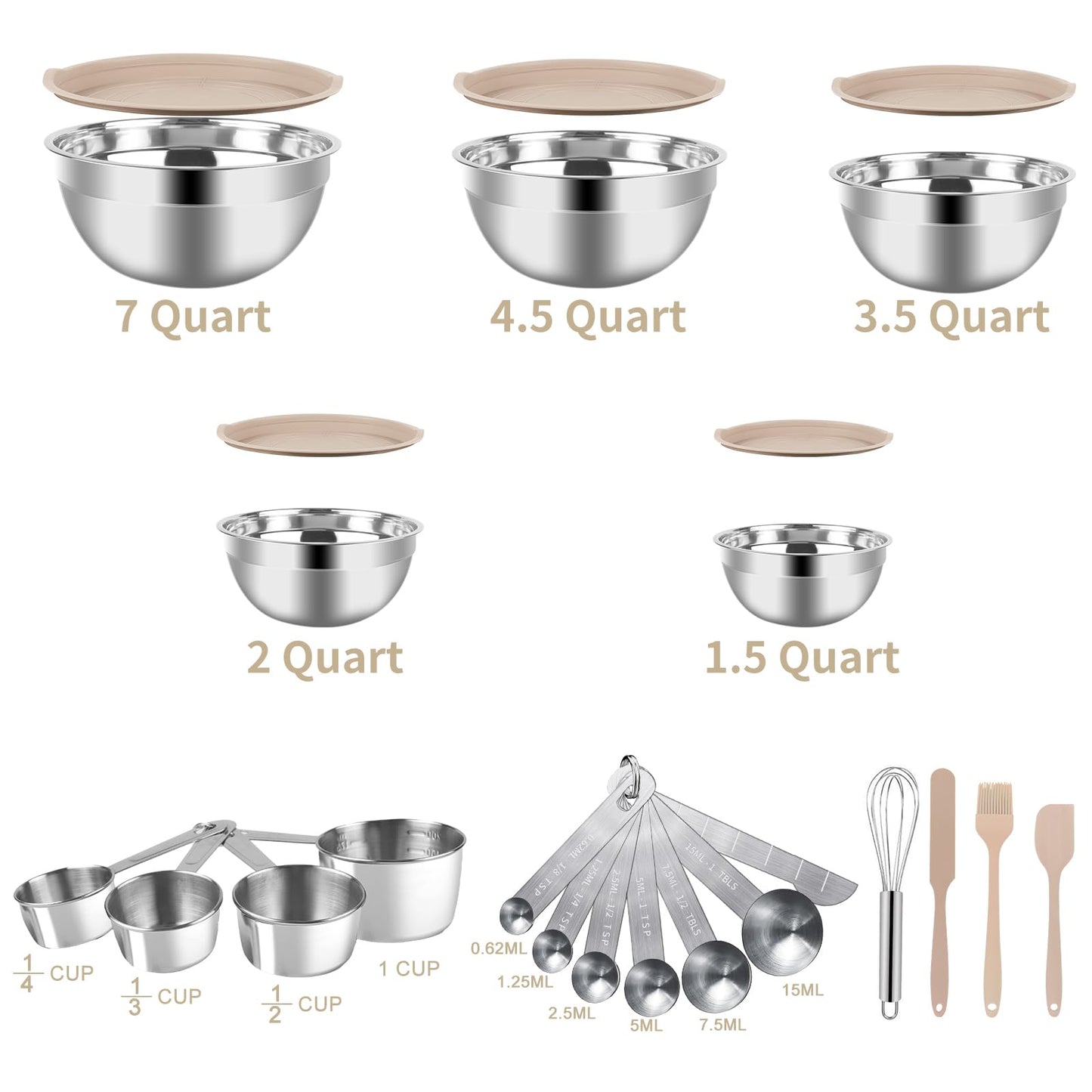 WEPSEN Mixing Bowls Set, 25PCS Stainless Steel Mixing Bowl with Lid Set, Large Nesting Bowls 7, 4.5, 3,2, 1.5QT, Measuring Cups and Spoons Baking Utensils Metal Bowl for Kitchen Prep BST220