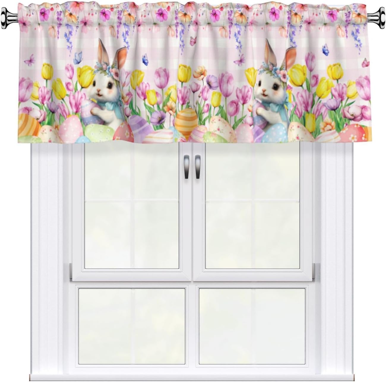 Easter Valances for Windows - Pink Spring Cafe Curtains Floral Bunny Short Curtains for Living Room Bathroom Bedroom Basement BST202