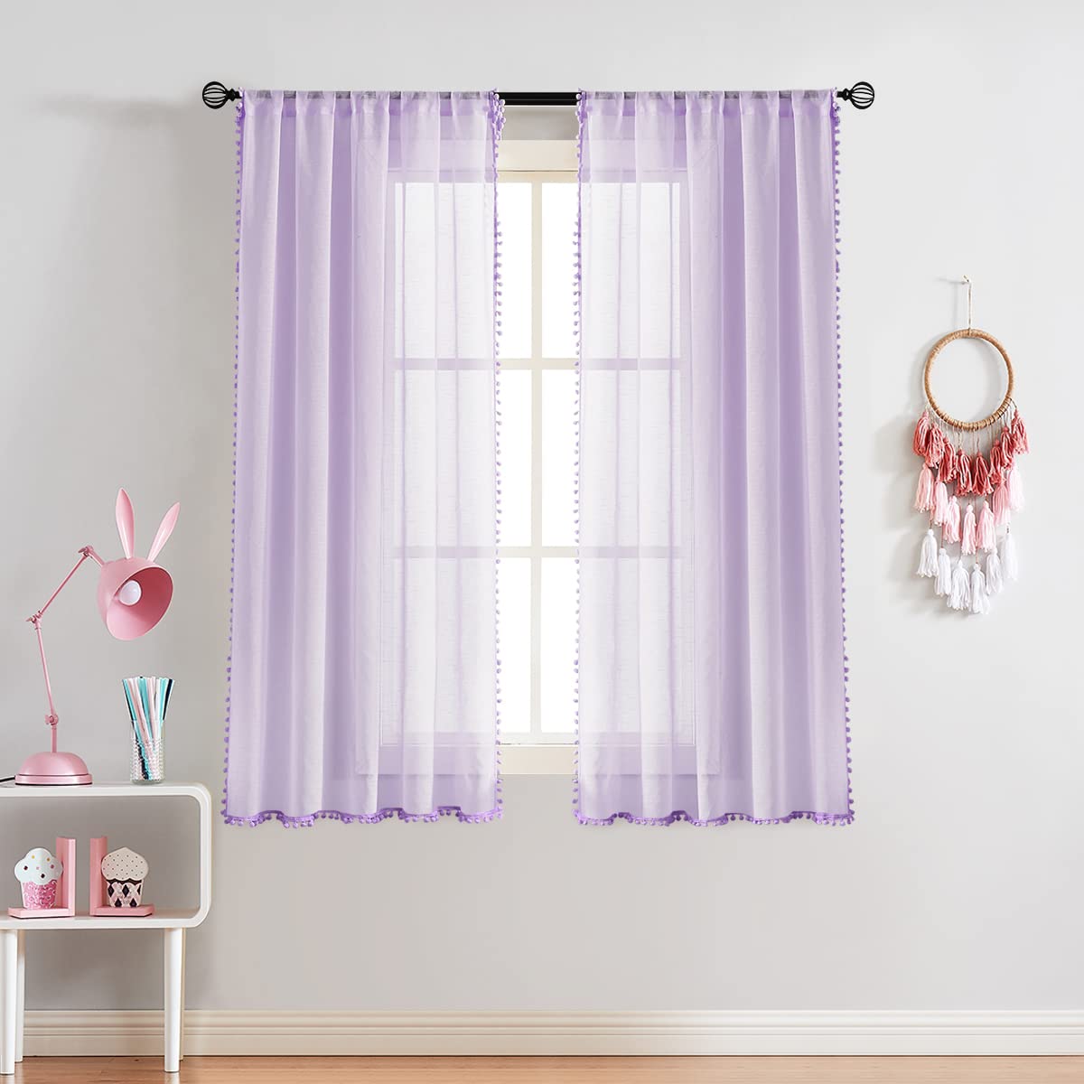 Treatmentex Pom-Pom Grey Sheer Curtains for Bedroom 63" Window Drapes Rod Pocket Textured Sheer Curtain for Kids Room 52" w 2 Panels BST202