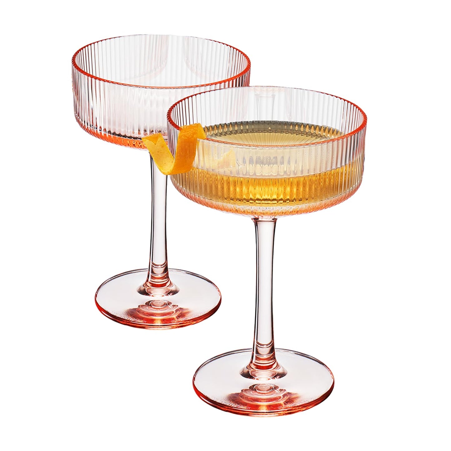 Khen Pink Peach Acrylic Ribbed Coupe Martini Champagne Cocktail Glasses, Set of 4, 8 oz Shatterproof Ripple Stemware European Style Reusable Drinkware Goblets, Indoor Outdoor Parties Weddings Bar Gift BST220