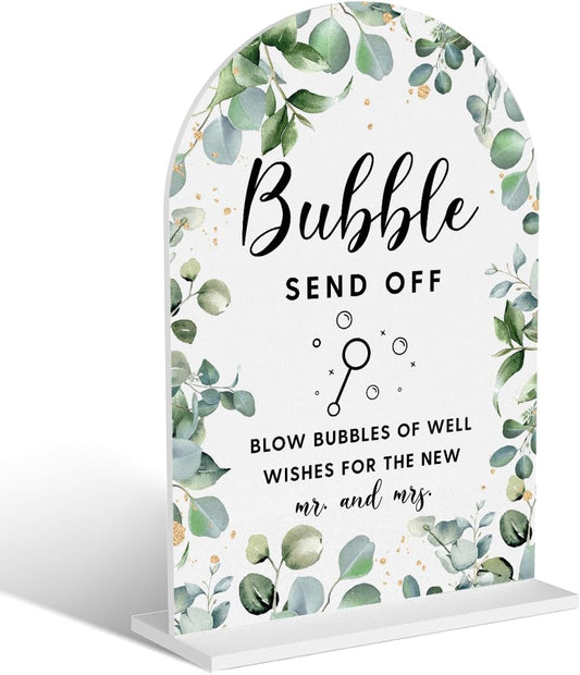 Acrylic Wedding Signs, Bubble Send Off Signs for Marriage Reception, Bridal Shower Decorations, Modern Arched Round Top Acrylic Table Top Sign with Holder for Wedding Party (White Eucalyptus Leaves) BST326L