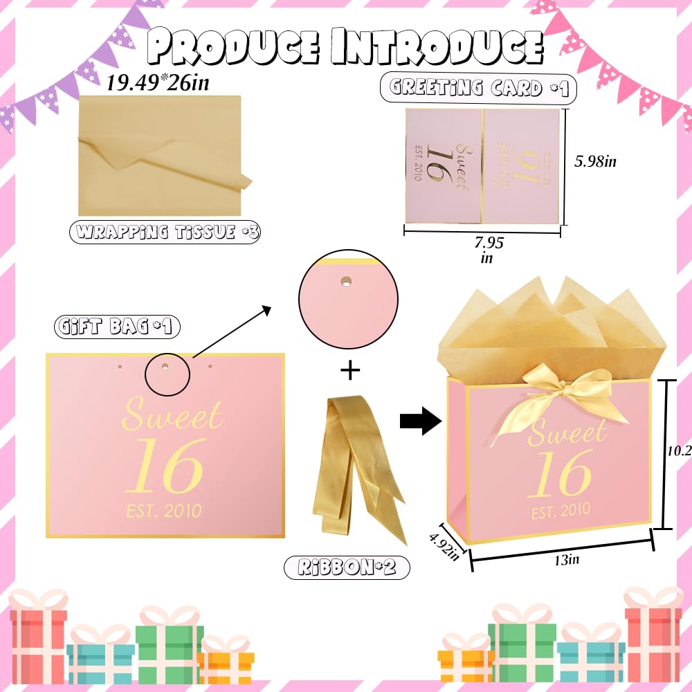 Eaureum Personalized Initial A Gift Bags for Girls Women, 13" Pink Initial A Gift Bags for Birthday Wedding Holidays Party Decorations for Her Girls Women Daughter Granddaughter Friends Wife BST326L