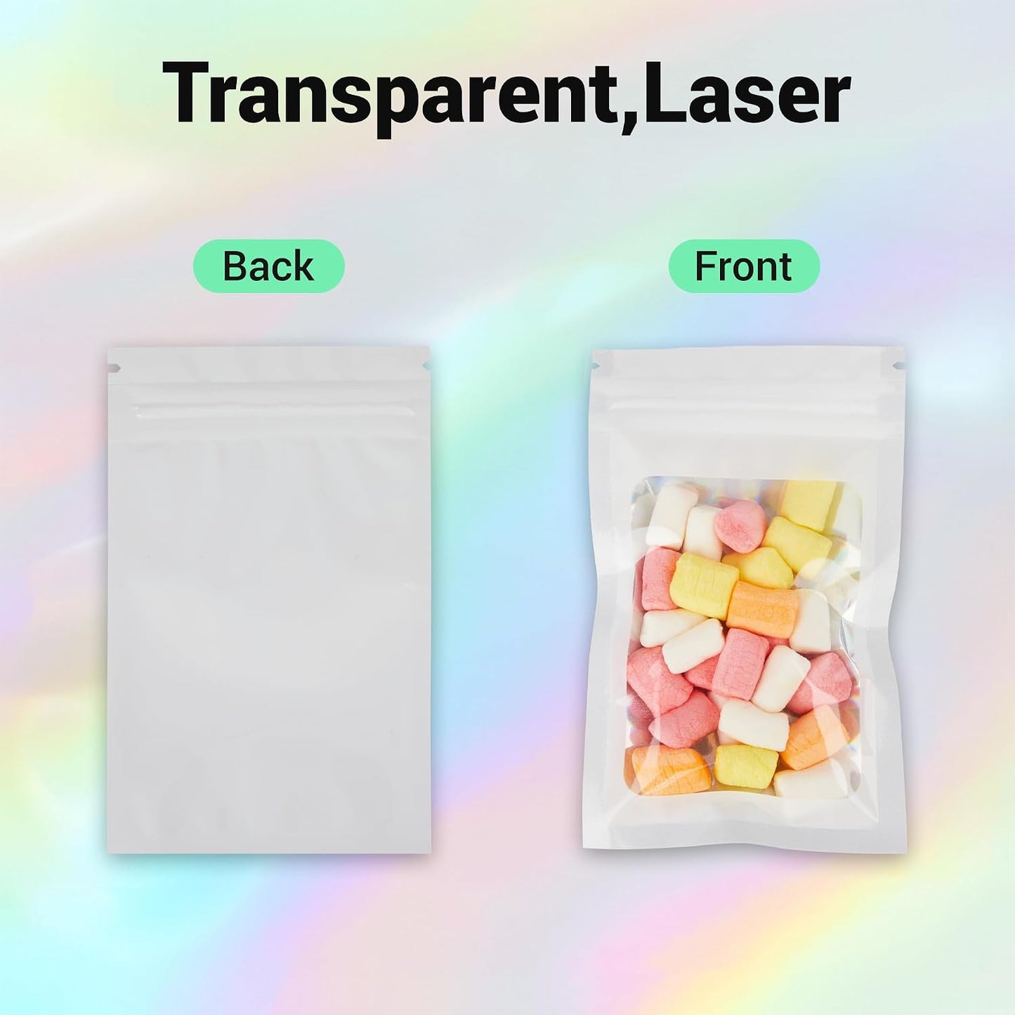 Holographic Mylar bags -100Pcs Self-Seal Resealable Zip Baggies with Clear Window, Smell Proof Laser Iridescent White 3x4.7 inch for Small Business Samples, Party favors,Snacks,Jewelry BST326L