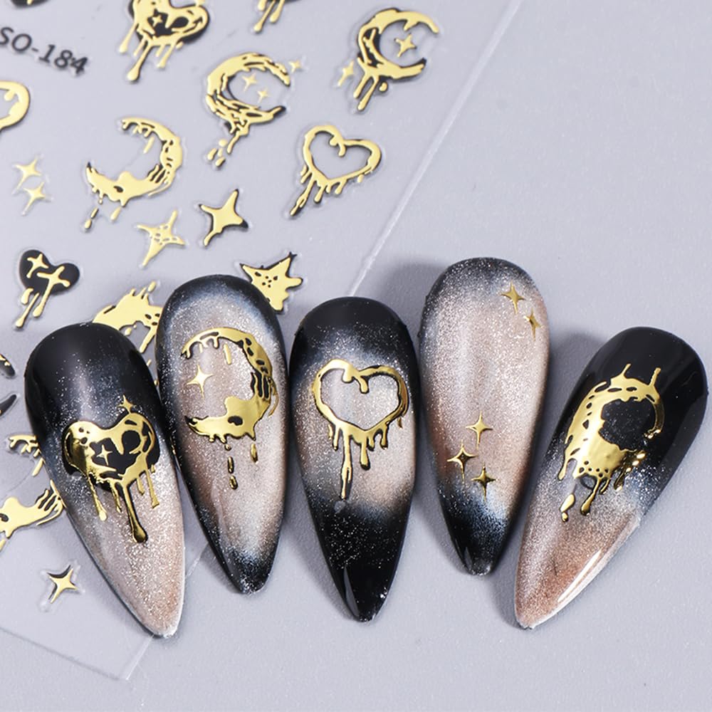 Liquid Butterfly Nail Art Sticker Decals Black Gold Black Silver Butterfly Moon Design Nail Decals 3D Self-Adhesive Nail Art Supplies Heart Nail Art Sticker Decoration for Women Manicure Supplies BST326L