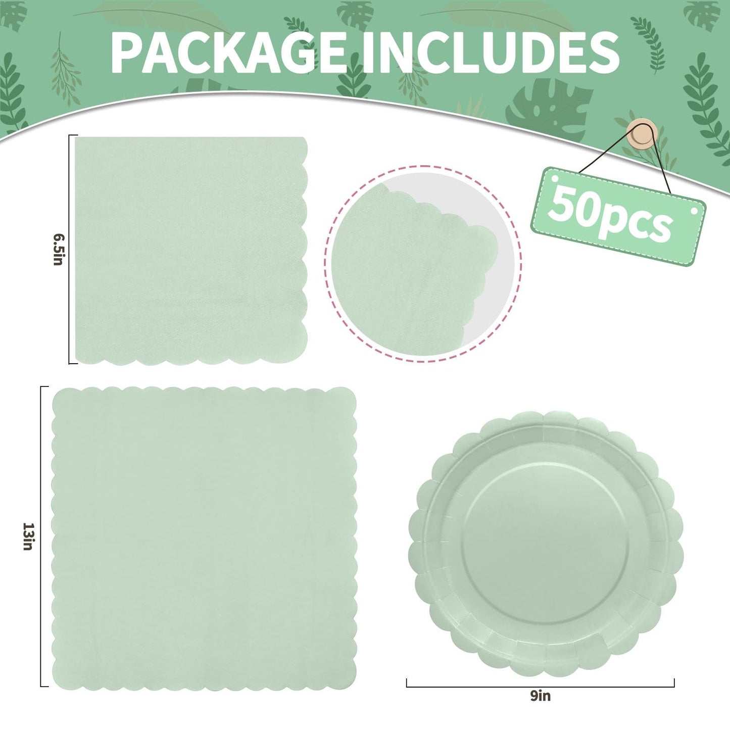 100 Pcs White Paper Plates and Napkins, 50 Pcs Guest White Party Supplies Including Scalloped Plates and Napkins for Independence Day Weddings, Parties BST326L