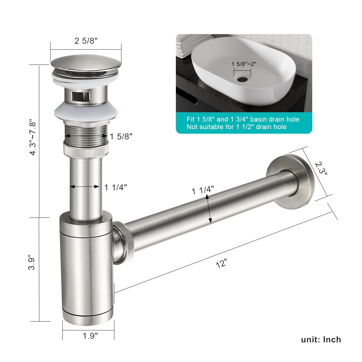Solid Brass Adjustable 1-1/4 Bottle Trap with Overflow Drain Stopper Set, Bathroom Sink P-Trap Complete Set Sink Drain Kit Tube, Antique BST220