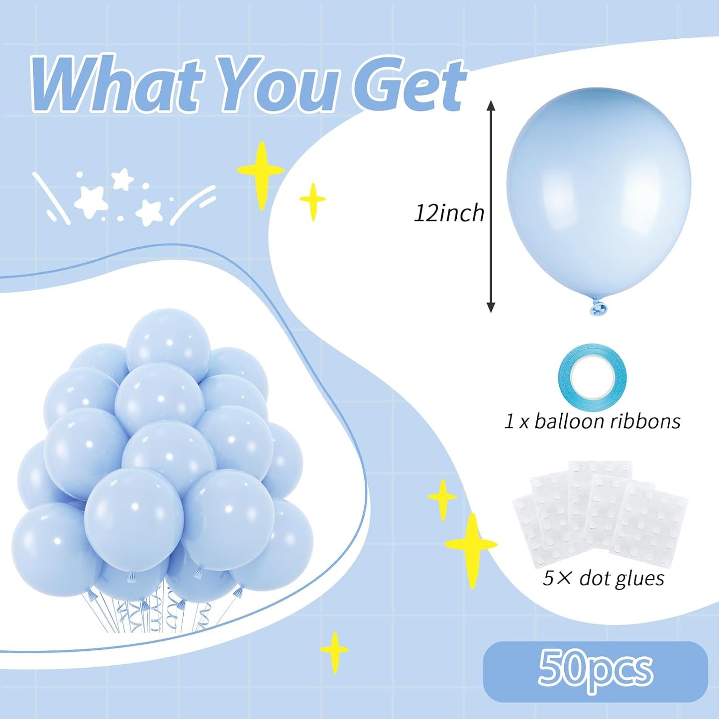 50pcs Pastel Blue Balloons, 12inch Light Blue Balloon for Birthday Baby Shower Gender Reveal Wedding Party Decoration (With Ribbon & Glue) BST326L