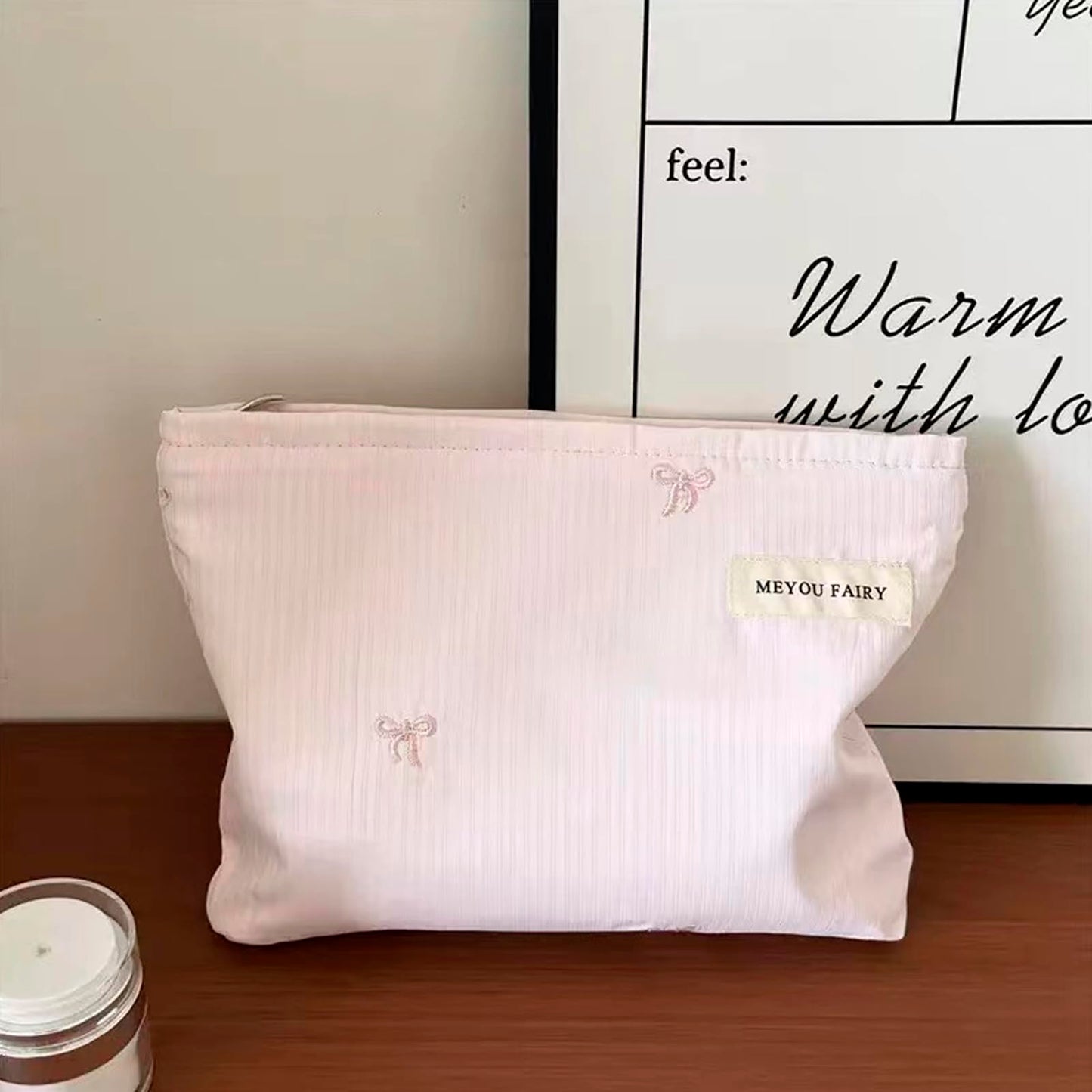 RSRSLEII Striped Makeup Bag for Women, White Cosmetic Bag with Bow, Travel Toiletry Cosmetic Bag with Zipper, Cute Women Aesthetic Organizer Storage Pouch, Girls Handbags Purses (06 White Stripe Bow) BST220