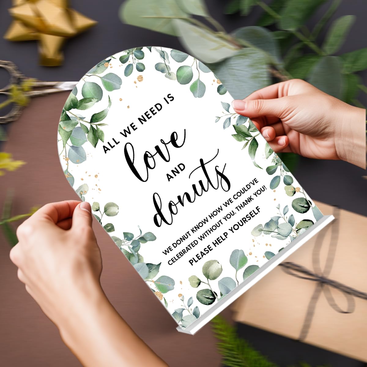 Acrylic Wedding Signs, Bubble Send Off Signs for Marriage Reception, Bridal Shower Decorations, Modern Arched Round Top Acrylic Table Top Sign with Holder for Wedding Party (White Eucalyptus Leaves) BST326L