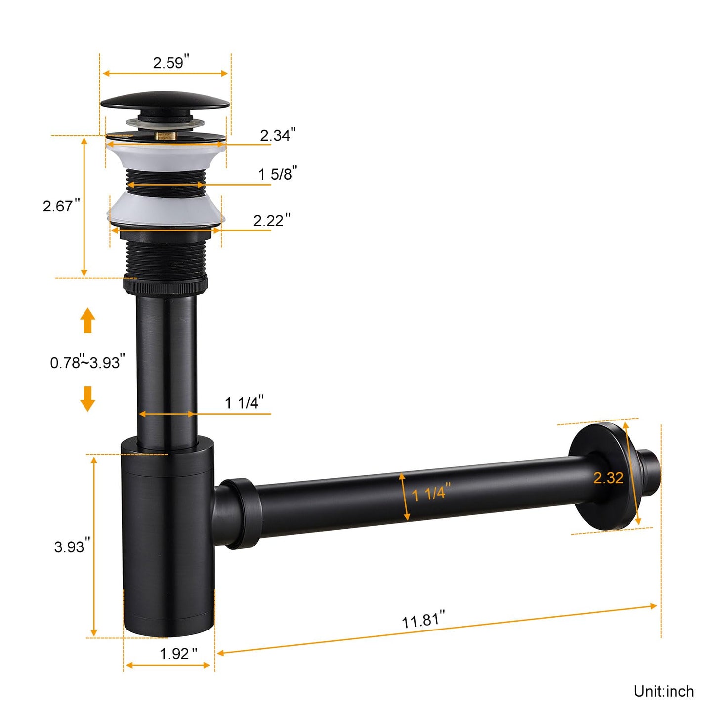 Solid Brass Adjustable 1-1/4 Bottle Trap with Overflow Drain Stopper Set, Bathroom Sink P-Trap Complete Set Sink Drain Kit Tube, Antique BST220