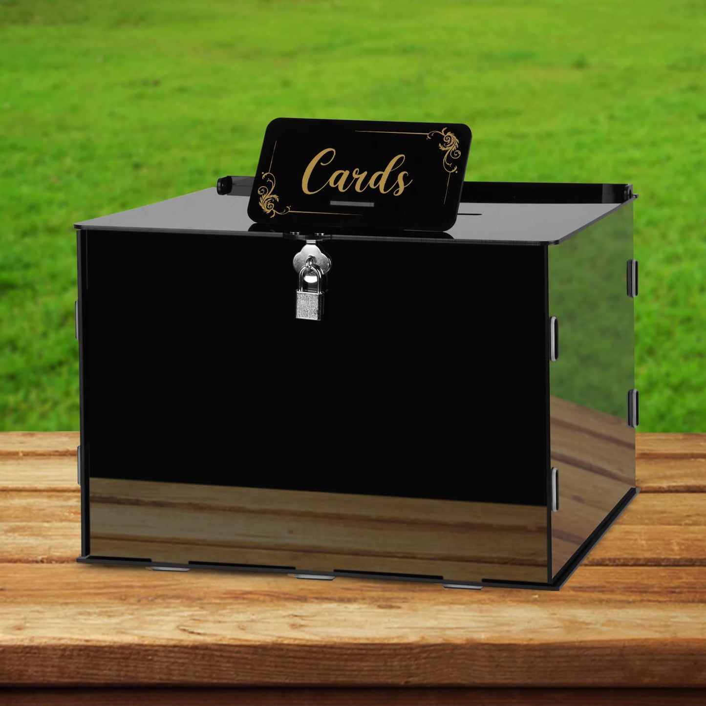 Fowecelt Acrylic Wedding Card Box with Lock Black Card Box DIY Large Rustic Card Box for Wedding Reception Bridal Shower Birthday Baby Shower Party Graduation Decorations (10x10x10 Inch) BST326H
