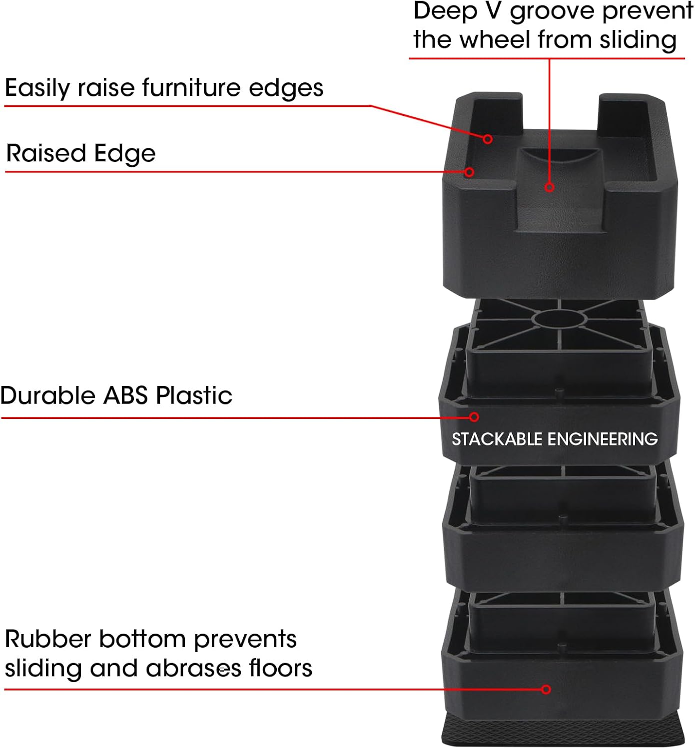 MYMULIKE Bed Risers 6 Pack, 4 inch Bed Lifts Risers for Casters Wheel, Adjustable Height 2, 3 or 4 inch Heavy Duty 6000lbs Bed Furniture Risers for Bed Frame, Furniture, Table, Black BST202