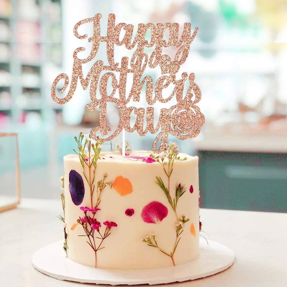 Happy Mother's Day Cake Topper - Rose Gold Glitter Cake Decorations I Love Mom Thanks Mom Home Celebrate Party Decor centerpiece Mothers Day Gift(DOUBLE-SIDED Paper) BST326L