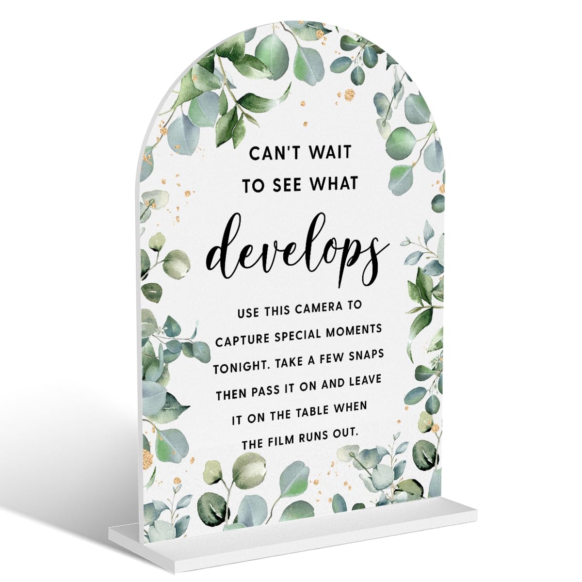 Acrylic Wedding Signs, Bubble Send Off Signs for Marriage Reception, Bridal Shower Decorations, Modern Arched Round Top Acrylic Table Top Sign with Holder for Wedding Party (White Eucalyptus Leaves) BST326L