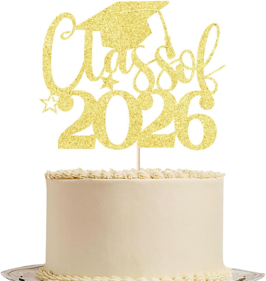 Class of 2026 Cake Topper | Gold Glitter Grad Cap Cake Pick-Boys Girls primary school High School College 2026 Graduation Theme Party Cake Decor Supplies BST202