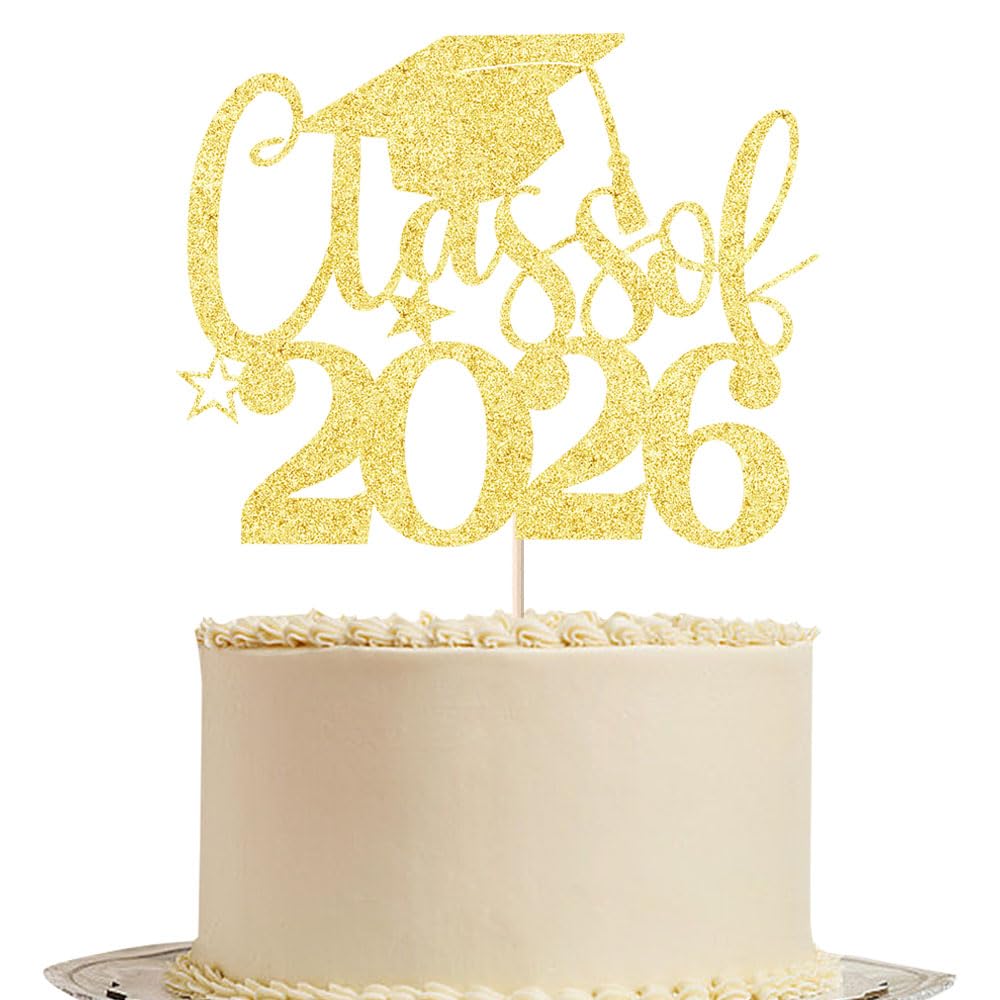 Class of 2026 Cake Topper | Gold Glitter Grad Cap Cake Pick-Boys Girls primary school High School College 2026 Graduation Theme Party Cake Decor Supplies BST202