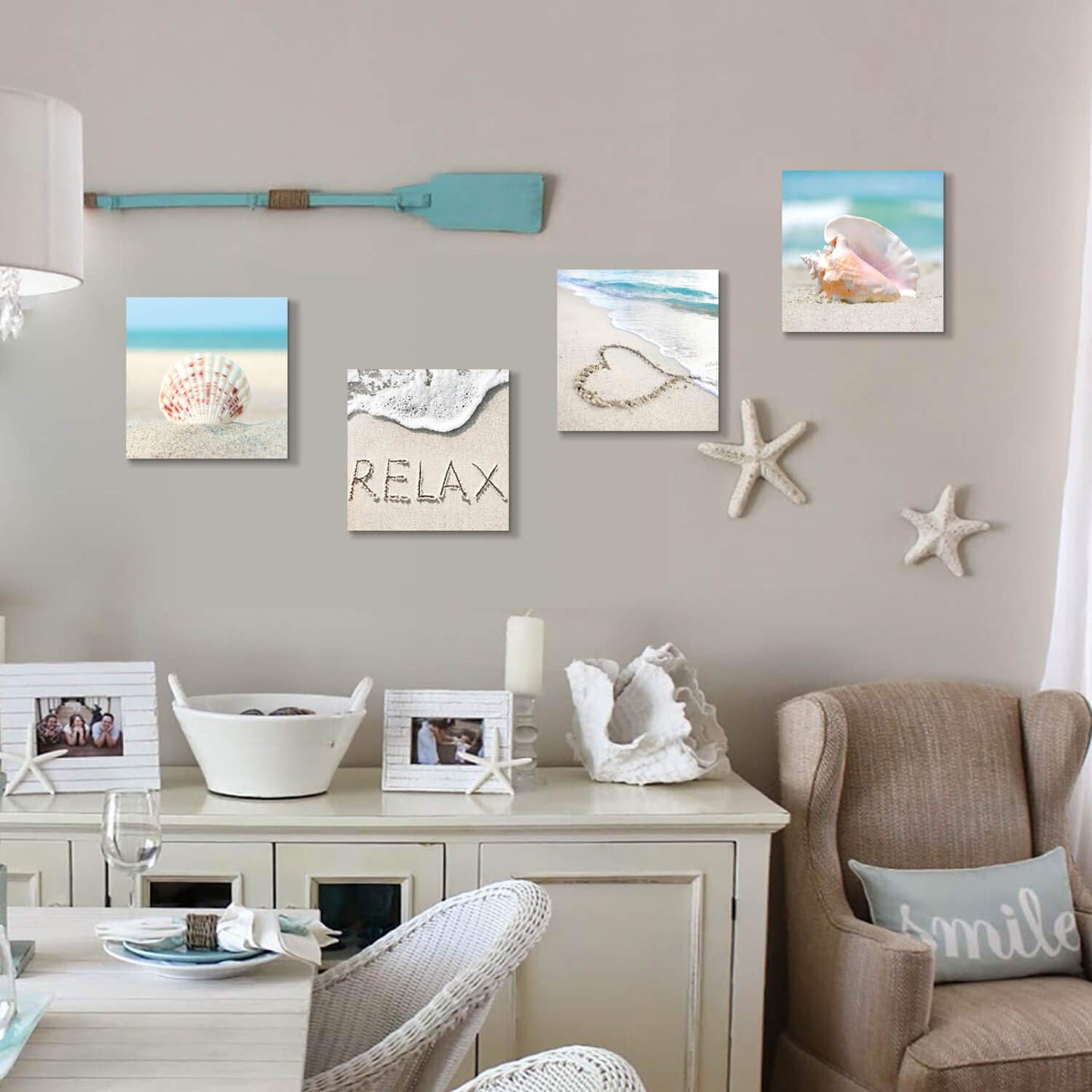 TAR TAR STUDIO Beach Seashells Artwork Canvas Pictures: Tropical Seaside Scene Painting Print for Wall (12" x 12" x 4 PCS, Multiple Style) BST220
