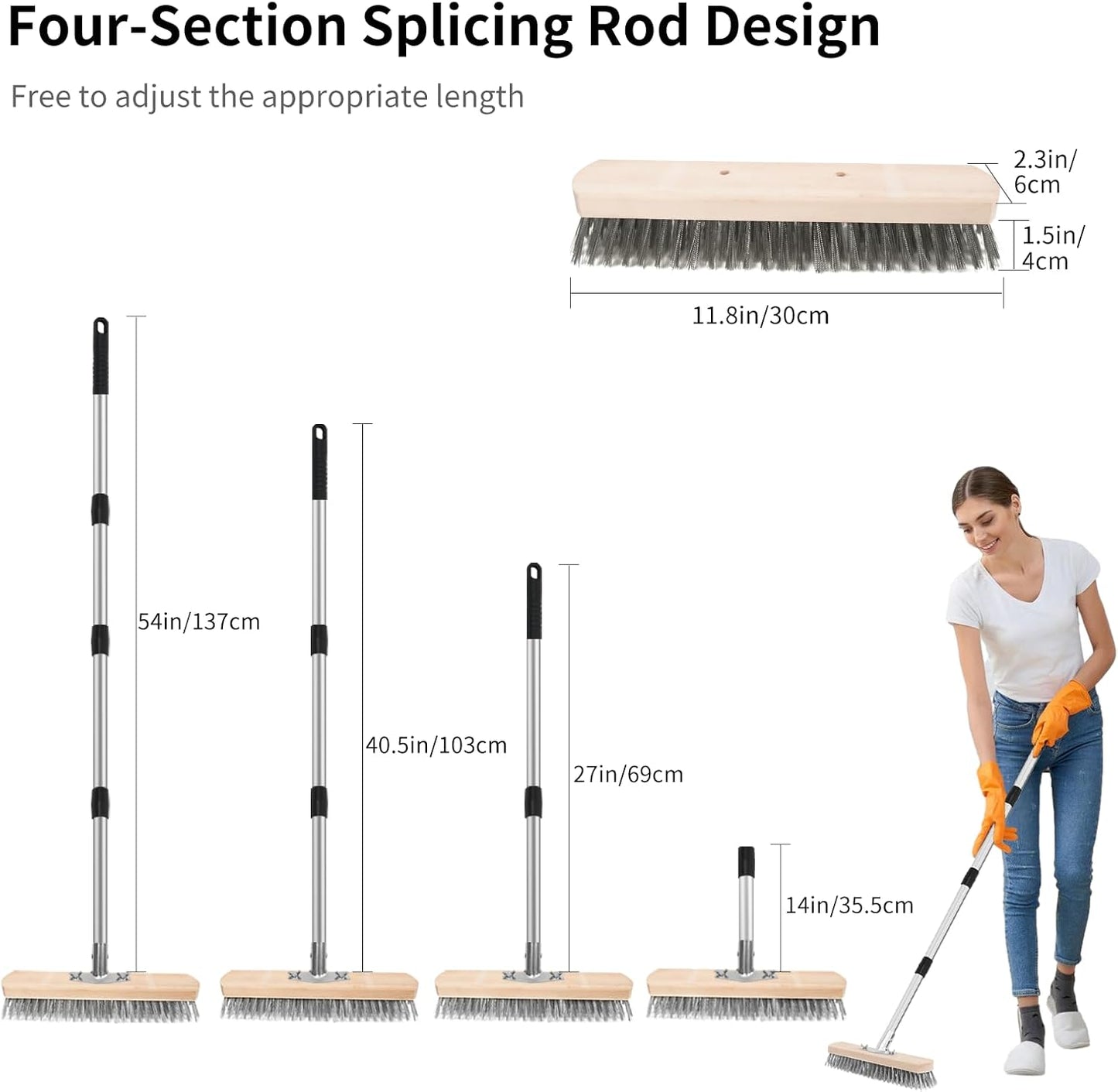 Stainless Steel Wire Scrub Brush with Long Handle, Heavy Duty Floor Scrubber Brush, Moss Remover Wire Broom for Deck, Rough Surface, Concrete Floor, Patio, Garden, Garage BST202