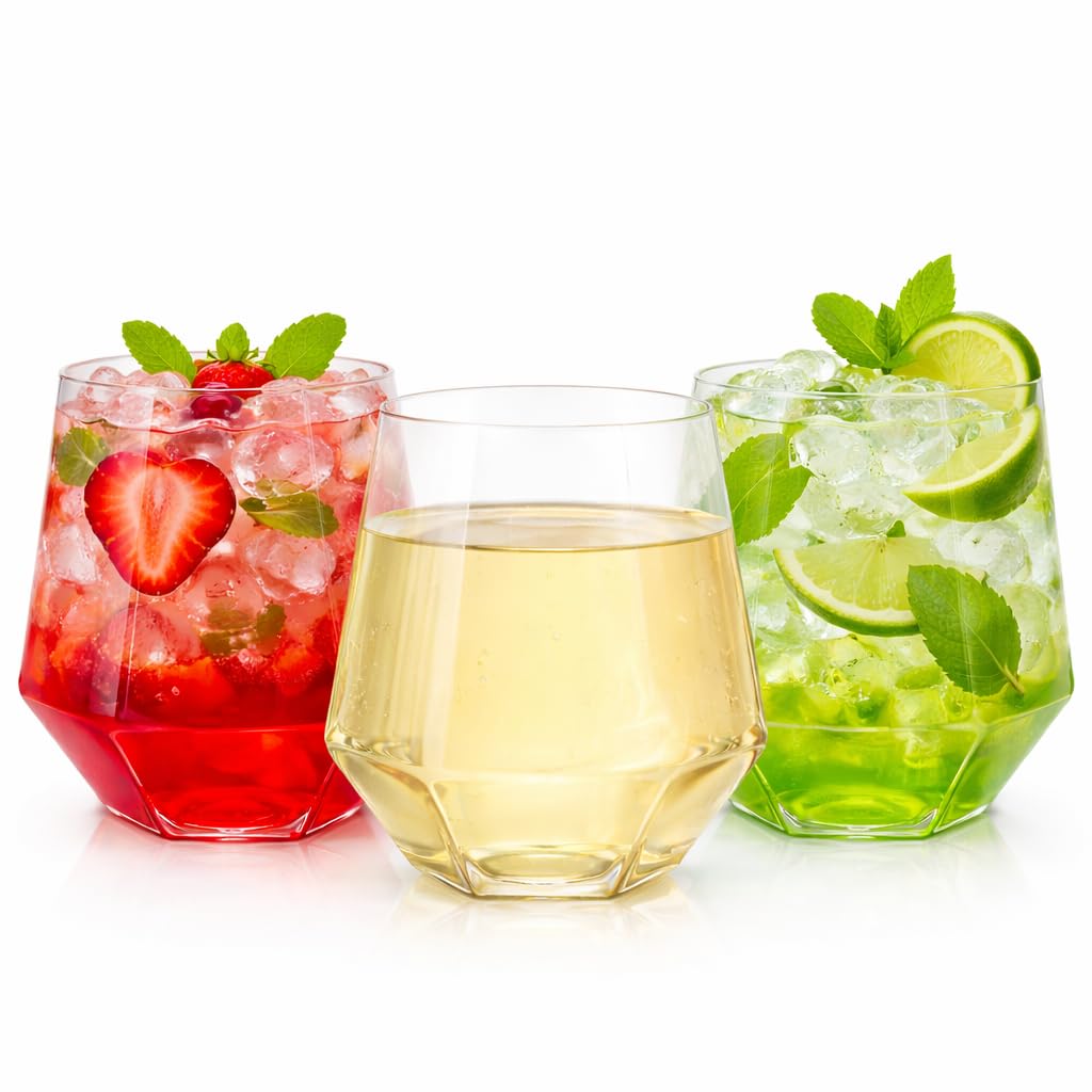 Oojami 40 Pack Diamond Disposable Plastic Wine Glasses 12oz for Parties | Stemless Wine Cups, Champagne Cocktail Whiskey - Shatterproof Unbreakable Reusable Recyclable BPA-Free, Weddings Birthday BST220