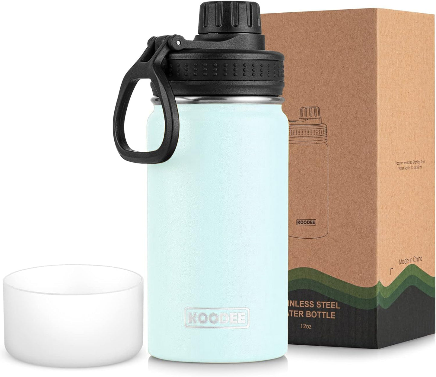 koodee Water Bottle-12 oz Stainless Steel Double Wall Vacuum Insulated Water Bottle for School-Wide Mouth Flask with Straw Lid (Teal) BST220