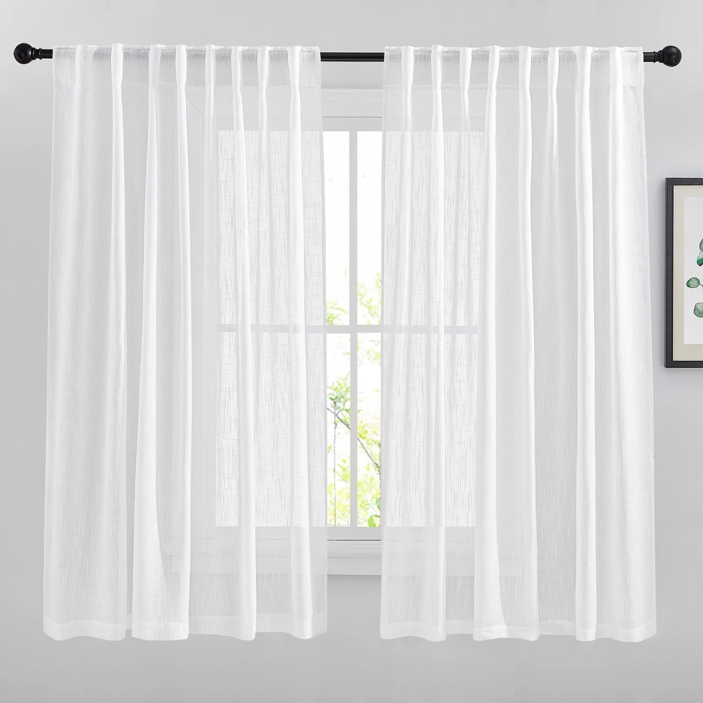 NICETOWN White Semi Sheer Kitchen Curtains 30 inch Length, Rod Pocket & Back Tab Faux Linen Blend Privacy with Light Filtering Window Drapes for Cafe, W34 x L30, 2 Panels BST220