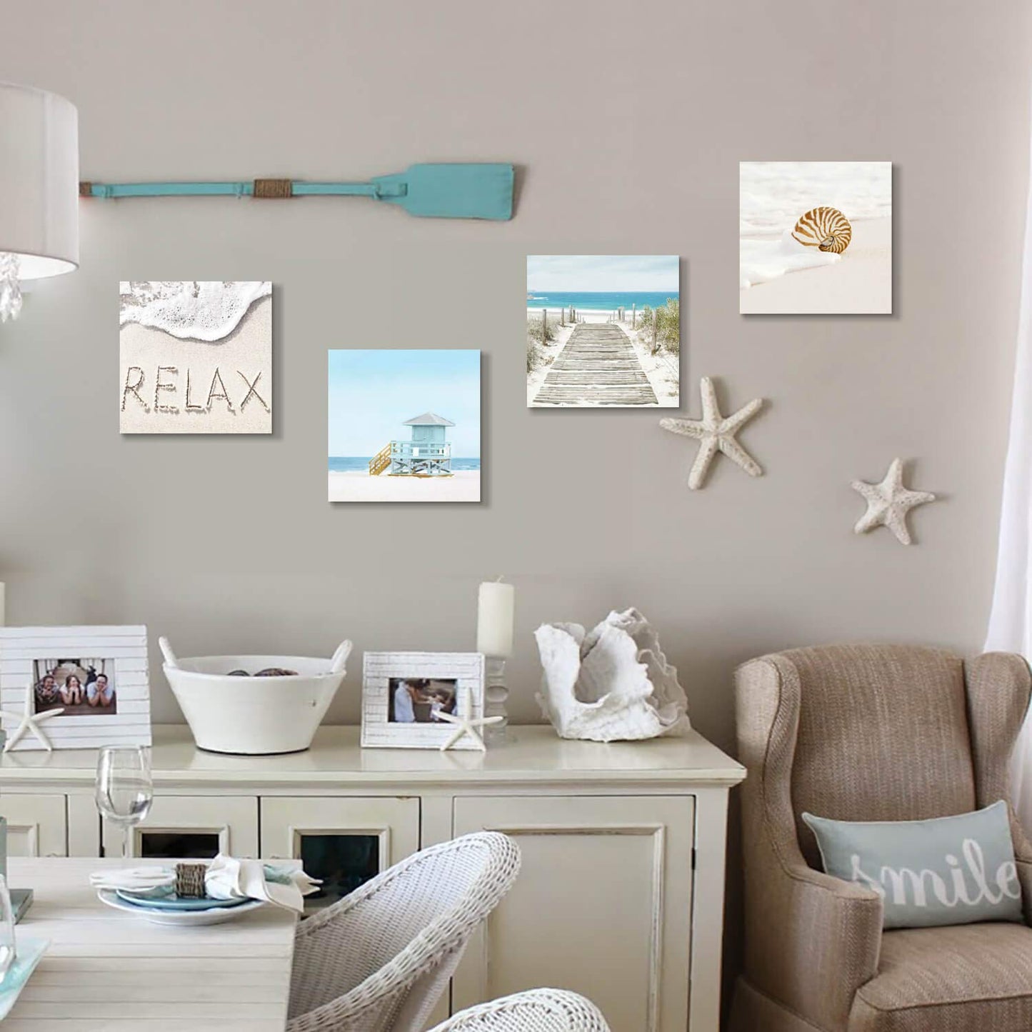 TAR TAR STUDIO Beach Seashells Artwork Canvas Pictures: Tropical Seaside Scene Painting Print for Wall (12" x 12" x 4 PCS, Multiple Style) BST220