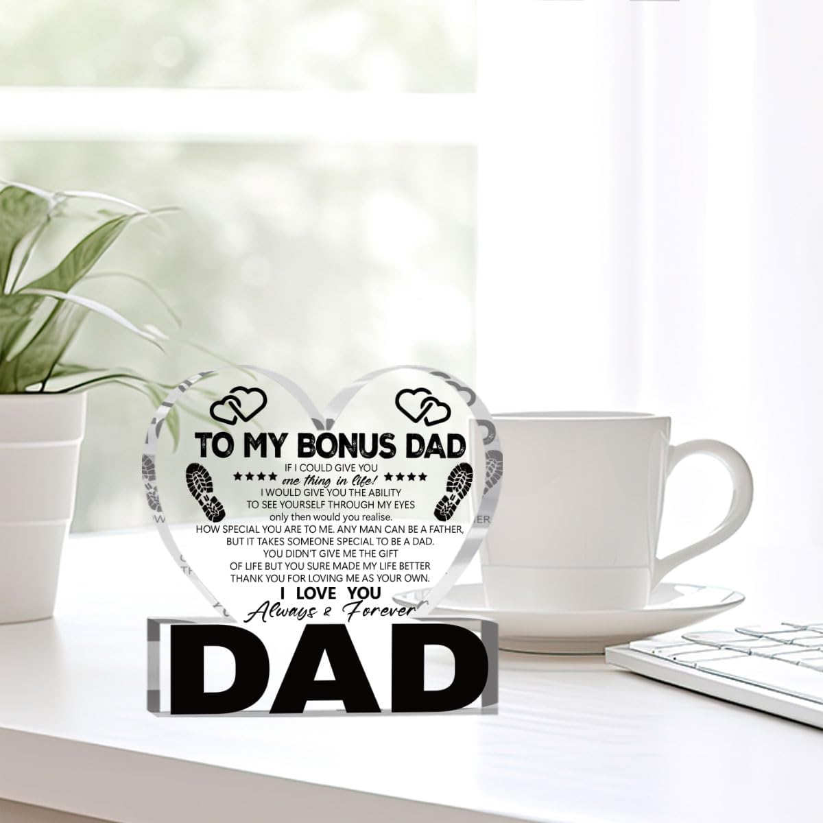 Fathers Day Bonus Dad Gifts Best Stepdad Gifts from Stepdaughter Stepson Funny Birthday Gift for Stepfather Heart Acrylic Sign Decor 4 X 4 Inches BST202