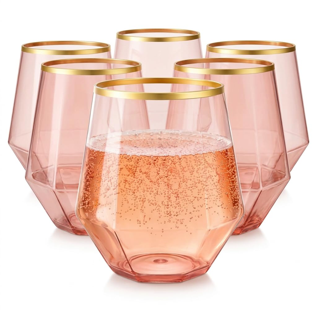 Oojami 40 Pack Diamond Disposable Plastic Wine Glasses 12oz for Parties | Stemless Wine Cups, Champagne Cocktail Whiskey - Shatterproof Unbreakable Reusable Recyclable BPA-Free, Weddings Birthday BST220