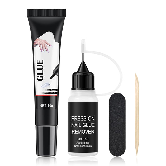 Semi-Solid Glue and Remover Kit with Stick for Press ons, No U/V Light Needed Quick Dry Fake Nail Tips Glue and Non-Acetone Remover with Precision Tips (10ml+10g) WN420