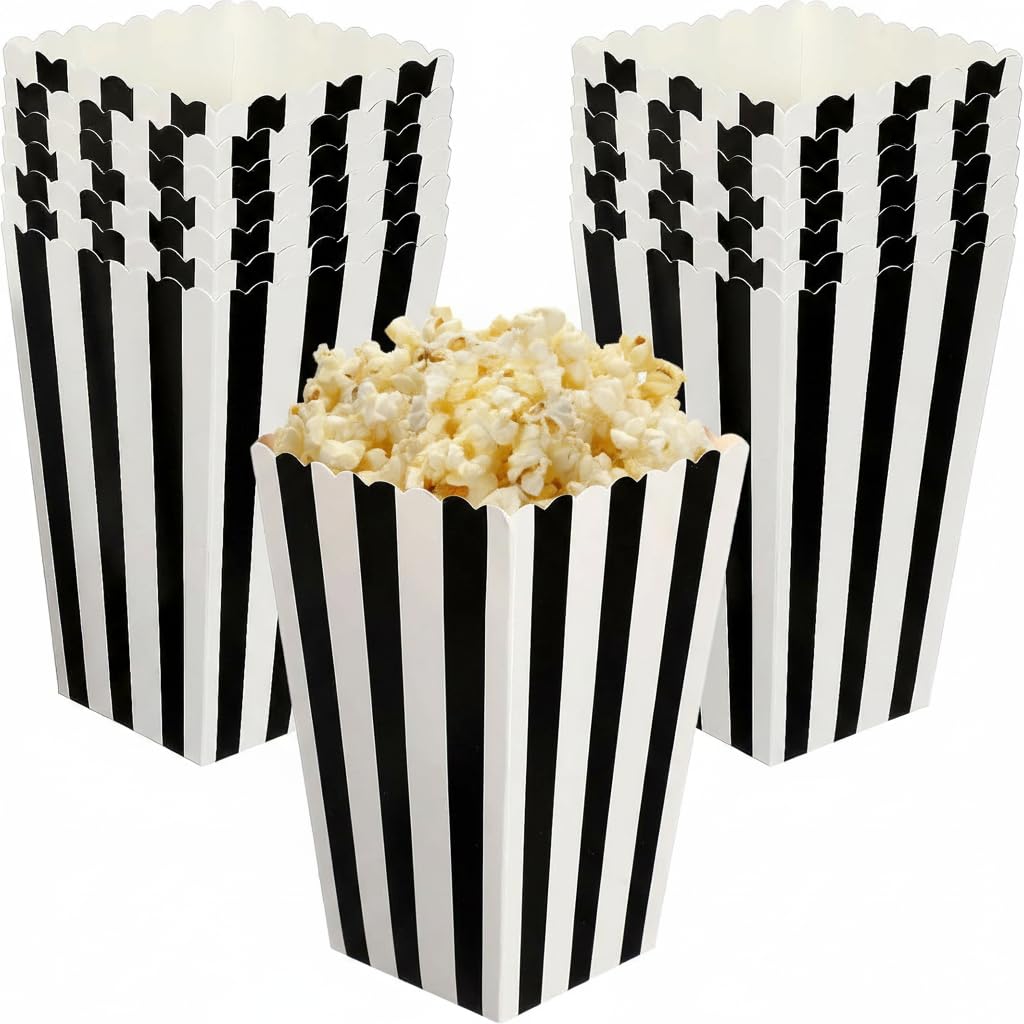 48 Pcs Black Striped Popcorn Boxes 5.51 X 5.51 X 0.19 in Foldable Paper Popcorn Containers for Movie Nights Party Favors Wedding Dessert Tables Candy and Cookie Serving BST202