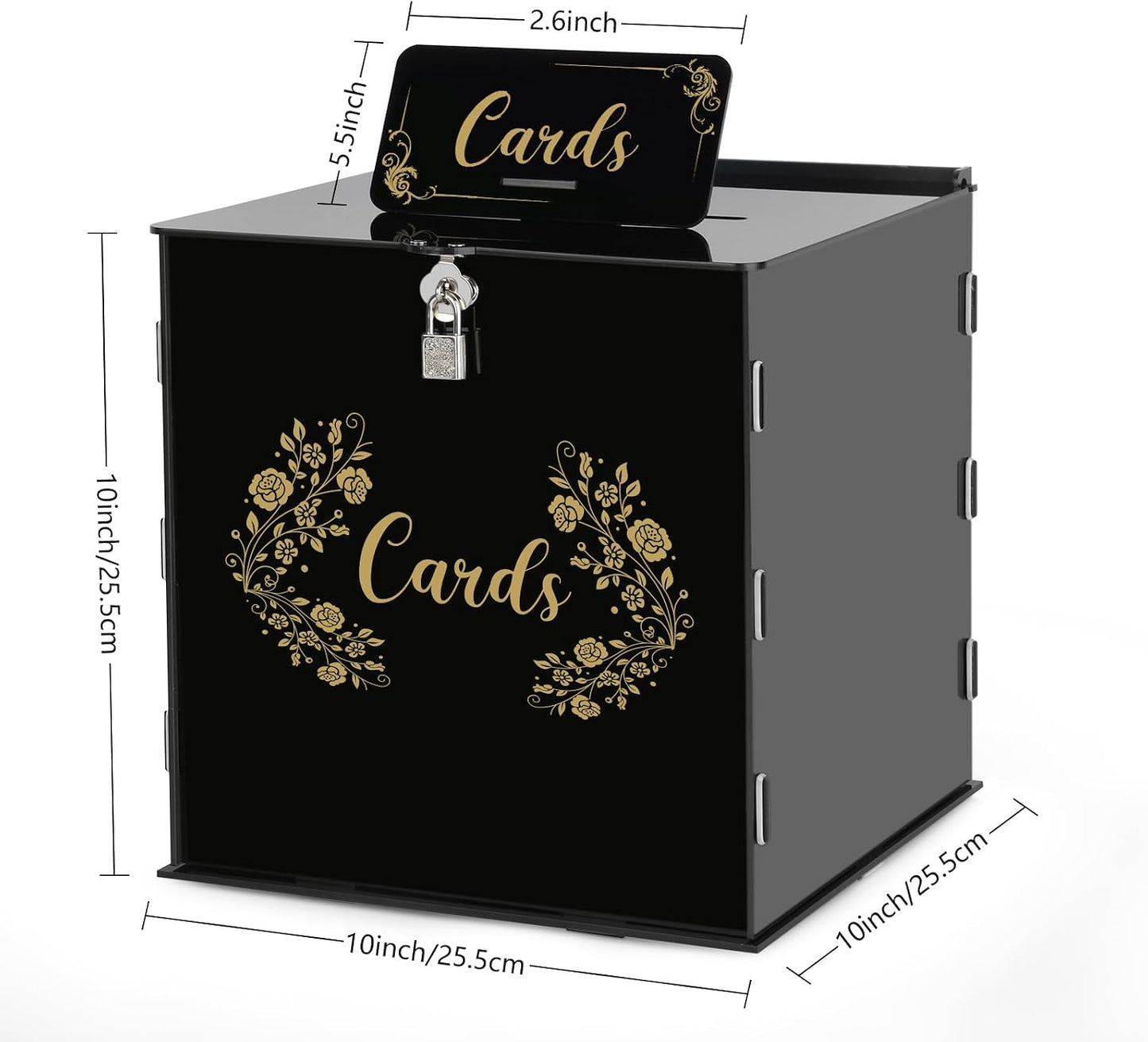 Fowecelt Acrylic Wedding Card Box with Lock Black Card Box DIY Large Rustic Card Box for Wedding Reception Bridal Shower Birthday Baby Shower Party Graduation Decorations (10x10x10 Inch) BST326H